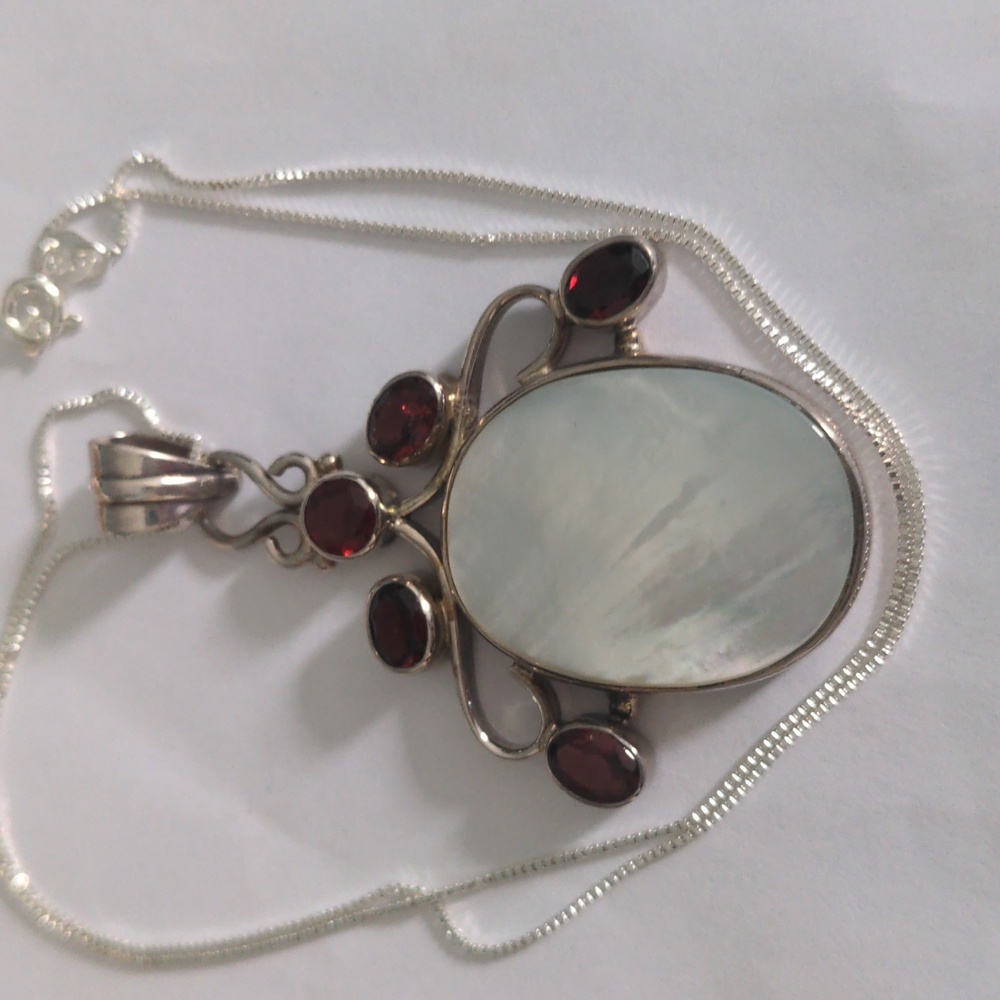 New MOP & Red Garnet Sterling Silver Pendant Necklace., 20" Chain, Artisan, Box